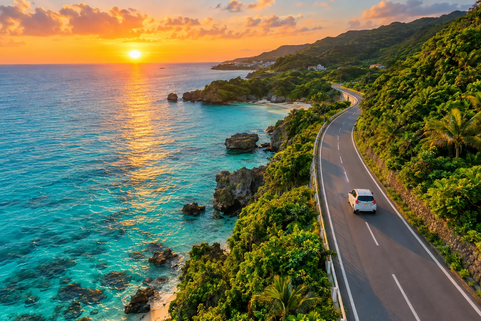 沖縄の海沿いを走る車の風景
